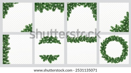 Christmas tree decoration. Holiday garland, festive corner, Christmas wreath. Frame, branch with Christmas lights. Square format for social media. Transparent background can be removed in vector file.