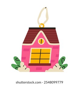 Christmas tree decoration house. Decorative toy suspended on lace. Flat vector illustration isolated on white background.