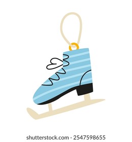 Christmas tree decoration ice skate. Decorative toy suspended on lace. Flat vector illustration isolated on white background.
