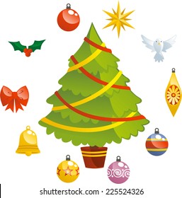 Christmas Tree With Decoration Icons Vector Cartoon Illustration