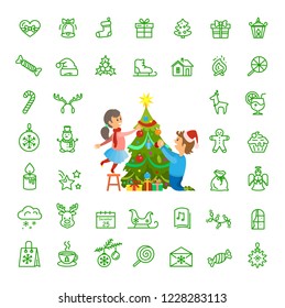 Christmas tree decoration and isolated icons set vector. Father and daughter with baubles toys, candles and mistletoe plant. Gingerbread man reindeer