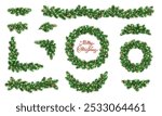 Christmas tree decoration isolated on white background. Holiday fir tree garland, festive corner, Christmas wreath. Winter season frame, realistic spruce branch with Christmas lights and glow. Vector.