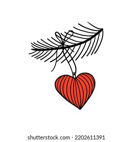 Christmas tree decoration isolated on white. Doodle style hand drawn vector illustration of decorative heart.
