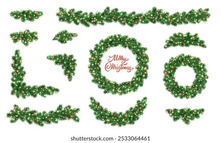 Christmas tree decoration isolated on white background. Holiday fir tree garland, festive corner, Christmas wreath. Winter season frame, realistic spruce branch with Christmas lights and glow. Vector.