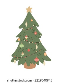 Christmas tree with decoration and lights isolated on white background. New year holidays. Flat vector illustration. 