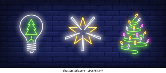 Christmas tree decoration neon sign set. New Year, Christmas, garland. Night bright advertisement. Vector illustration in neon style for banner, billboard