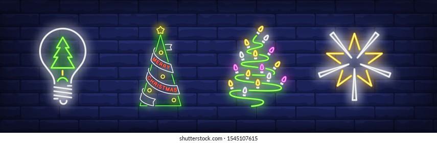 Christmas tree decoration neon sign set. New Year, Christmas, garland. Night bright advertisement. Vector illustration in neon style for banner, billboard