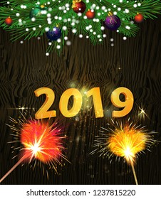 Christmas tree and decoration for new year. Holiday background with colorful gifts, ribon, sparkles and bals