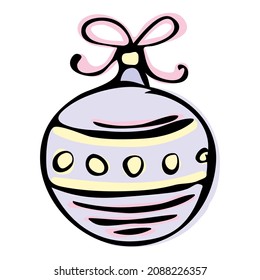Christmas tree decoration  New Year's ball toy is decorated with bow, snowflakes, lines, snowballs in doodle sketch style. Decoration for postcards, stickers, notebooks, packaging, covers, etc.
