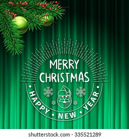 Christmas tree decoration on green background with red berries and green baubles. Vector illustration