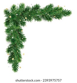 Christmas tree decoration on transparent background, vector illustration. Holiday fir tree garland, festive Christmas corner. Winter season frame, realistic spruce branch with golden confetti.
