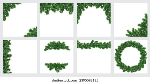 Christmas tree decoration on transparent background, vector. Square format for social media posts. Holiday fir tree garland, winter frame with golden confetti. Christmas wreath, realistic branches.