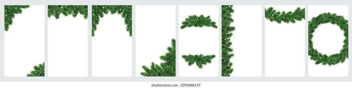 Christmas tree decoration on transparent background, vector. Vertical format for social media, standard screen size. Holiday fir tree garland, winter frame. Christmas wreath, realistic branches.