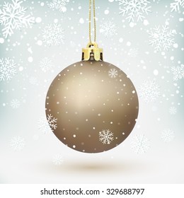 Christmas Tree decoration on winter background with snow and snowflakes. Golden ball. Vector illustration.