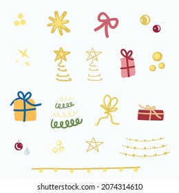 Christmas tree decoration ornaments. Decorative Elements to put on xmas tree. Bulbs Fairy lights stars candy cane gifts bells. Doodle Style Christmas Graphic