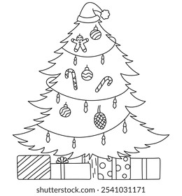 Christmas tree decoration or pine tree with a gift box and ornament line outline doodle hand drawn cartoon