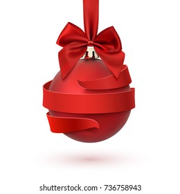 Christmas tree decoration with red bow and ribbon around, isolated on white background. Greeting card, brochure or poster template. Vector illustration.