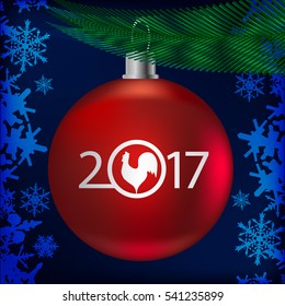 Christmas tree decoration red shaded sphere ball with 2017 year label and rooster illustration on it on blue snowflakes background vector illustration