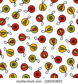 Christmas tree decoration repeating pattern on white background. Bauble seamless pattern. Great for wallpaper, web background, wrapping paper, fabric, packaging, greeting cards and more.