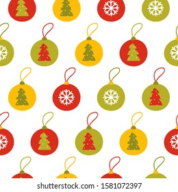 Christmas tree decoration repeating pattern on white background. Colourful bauble seamless pattern. Great for wallpaper, web background, wrapping paper, fabric, packaging, greeting cards and more.