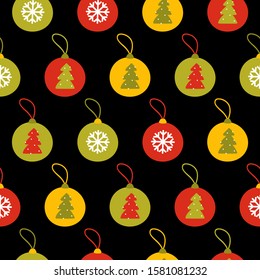 Christmas tree decoration repeating pattern on black background. Colourful bauble seamless pattern. Great for wallpaper, web background, wrapping paper, fabric, packaging, greeting cards and more.