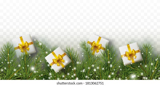 Christmas tree decoration seamless border. Vector frame with green fir branches, snow and white gift boxes isolated on transparent background. Festive xmas evergreen pine garland banner