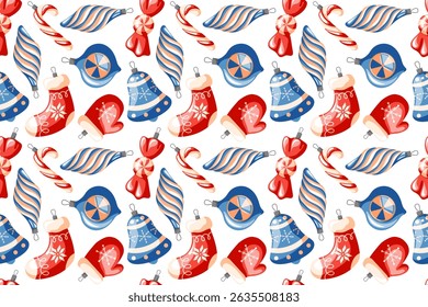 Christmas tree decoration seamless pattern in cartoon style. New Year celebration retro design with mitten, sock, bell, candy cane on a white background.
