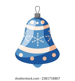Christmas tree decoration in a shape of bell. New Year toy in cartoon style. Vector illustration isolated on a white background.