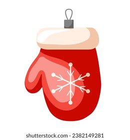 Christmas tree decoration in a shape of mitten with snowflake. Cartoon style, Vector illustration isolated on a white background.