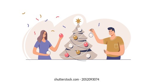 Christmas tree decoration. Smiling couple are decorating xmas tree for celebrating merry christmas and happy new year. Preparation for xmas party.  Vector illustration.