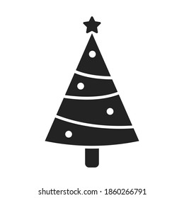 Christmas tree with decoration and snow. Isolated vector icon. Abstract, flat illustration.