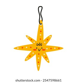 Decoração de árvore de Natal forma de estrela. Brinquedo decorativo suspenso em renda. Ilustração de vetor plano isolada em fundo branco.