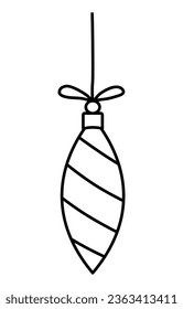 Christmas tree decoration striped toy, doodle style flat vector outline for coloring book