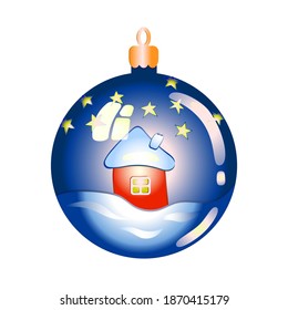 Christmas tree decoration. Christmas toy. Vector illustration of a glass ball for decorating a Christmas tree. Blue glass ball with the image of a house in the snow, against the starry sky. 