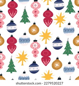 Christmas tree decoration, various cute baubles - seamless pattern, flat vector illustration on white background. Hand drawn retro balls to hang on Christmas tree.