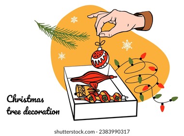 Christmas tree decoration vector illustration. Preparing for celebration christmas, new year. Top view table with items: Christmas decorations, Christmas tree garland. Flat lay. cartoon, doodle style.
