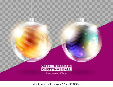 Christmas Tree Decoration. Vector Xmas Bauble. Set of Isolated Round Glass Balls. Transparent Glow Effect. Realistic 3D Ball for Christmas Card Design, Festive Poster, New Year's Eve Party Invitation.