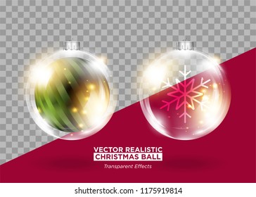 Christmas Tree Decoration. Vector Xmas Bauble. Set of Isolated Round Glass Balls. Transparent Glow Effect. Realistic 3D Ball for Christmas Card Design, Festive Poster, New Year's Eve Party Invitation.