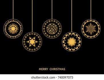 Christmas tree decoration. Xmas ball with  gold snowflakes. Vector illustration for postcard background.