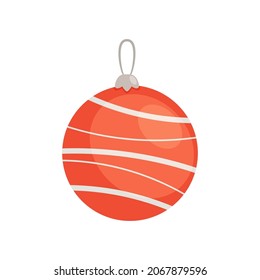 Christmas Tree Decoration, Xmas Bauble, Red Toy with Stripes and Loop for Hanging Isolated on White Background. Sphere for Fir-Tree, New Year Celebration. Cartoon Vector Illustration, Icon, Clip Art