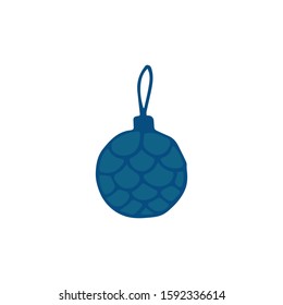 Christmas tree decoration,ornament,bauble vector icon in doodle, hand drawn style isolated on a white background.X mas bauble in blue color of the year 2020.