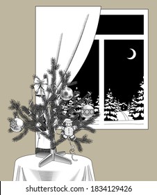 Christmas tree with decorations  against the window with a curtain and black night winter landscape with a spruce forest in snow. Vintage engraving stylized linear drawing. Vector illustration