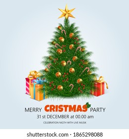 Árbol de Navidad con fondo decorativo. Feliz Navidad, árboles y cajas de regalo. Celebración. Feliz Año Nuevo y hermoso árbol de navidad decorado. Ilustración del vector