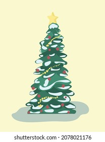 Christmas tree with decorations of balls, beads and a star. suitable for postcards, decor and stickers