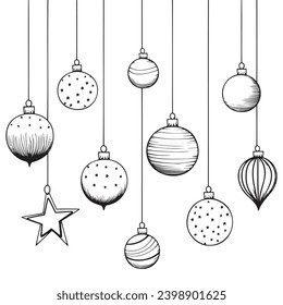 Christmas tree decorations, Christmas balls. Black and white illustration