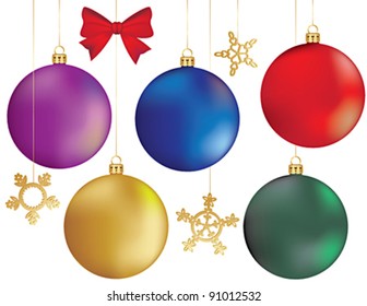 Christmas tree decorations: balls, bow, snowflakes