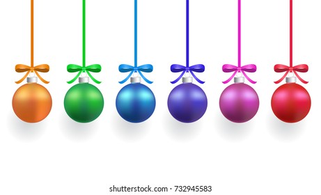 Christmas tree decorations, Christmas balls of different colors with colorful ribbon and bows. Vector illustration, greetings card design template