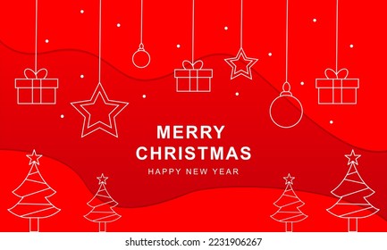 Christmas tree with Christmas decorations balls. Flat texture style vector illustration isolated on red background.