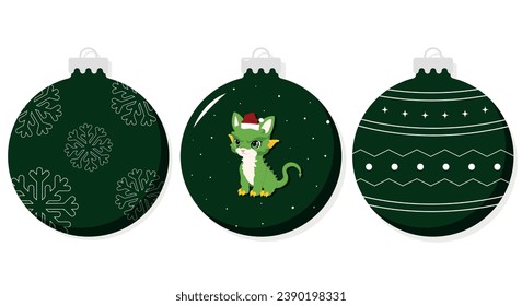 Christmas tree decorations. Christmas balls with a green dragon. A set of New Year's balls. Vector illustration