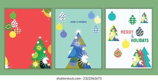 Christmas tree and decorations balls greeting, card, template, background, poster, holiday covers, banner set. Merry Christmas and Happy New Year